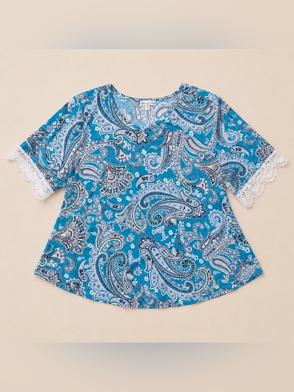 Stem & Vine 3X Paisley Tunic Top Blue Aqua Pink Lace Sleeve Boho Plus Size